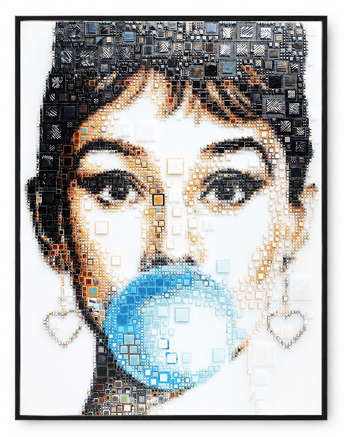 Audrey Glamour by Isabelle Scheltjens, a glass mosaic portrait of a woman blowing a bright blue bubble.